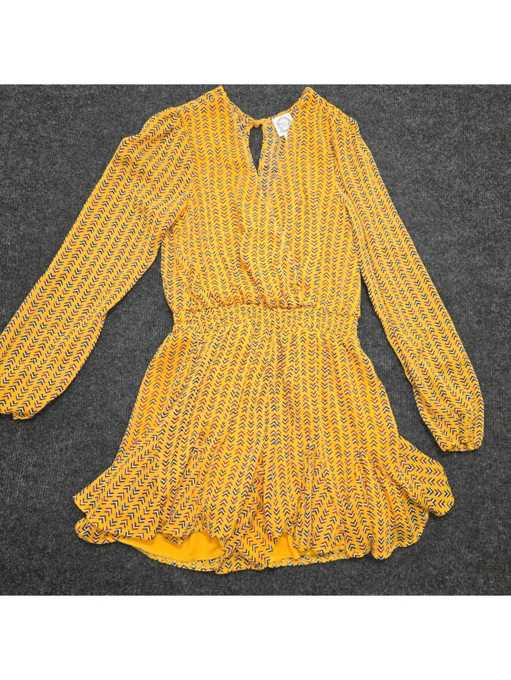 Blue Rain Yellow Chevron Romper Long Sleeve Boho Festival Shorts Dress S